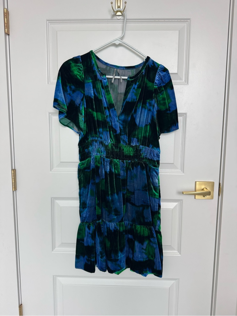Anthropologie Blue and Green V-Neck Short Sleeve Dress